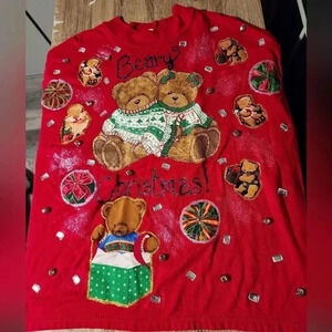 1 of a Kind Custom Handmade Ugly Christmas Sweater Glitter Bears Women's Plus 3X